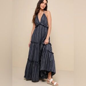 Lulus Vacay Babe Navy Blue Striped Halter Maxi Dress XS